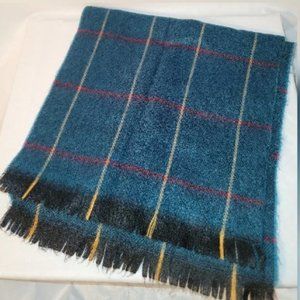 Wool Scarf Green with Red and Gold Grid Lines and Black Fringe